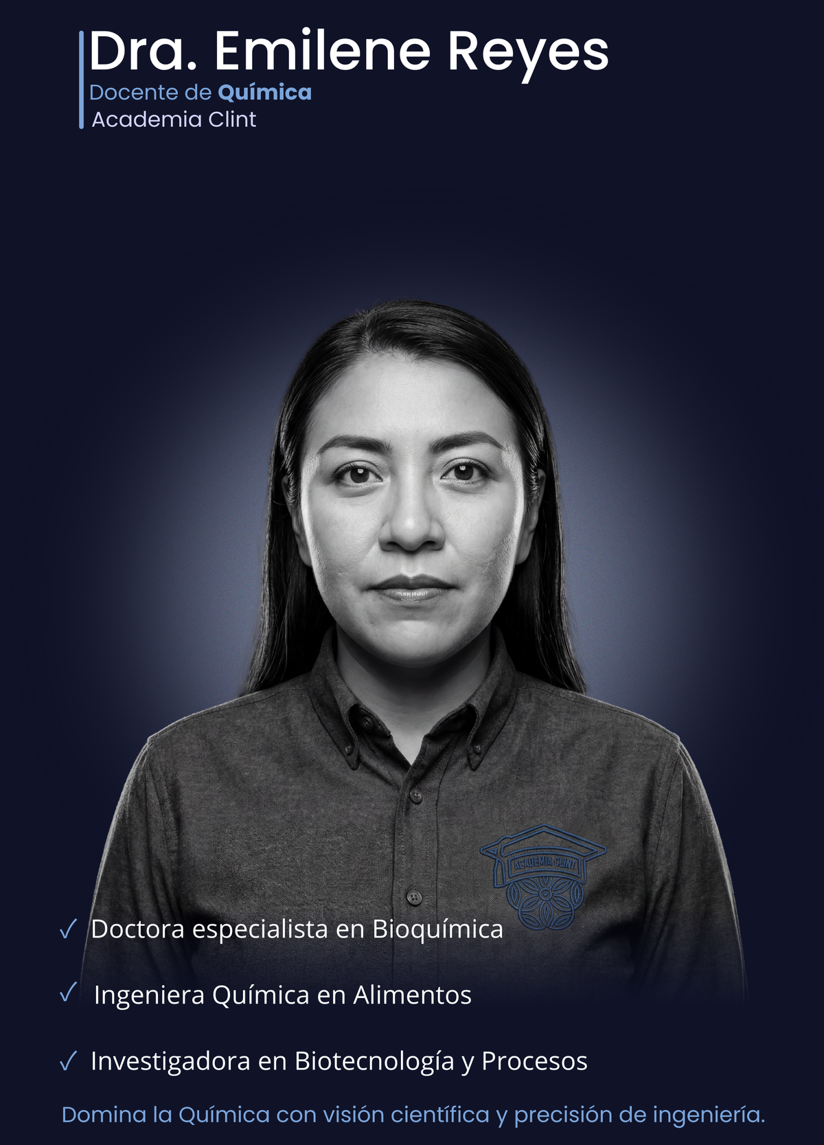 Doctora Emilene Reyes Rodríguez, especialista en Química en Academia Clint. Doctora en Bioquímica e investigadora experta en biotecnología aplicada al entrenamiento científico de alto rendimiento para el examen de ingreso UNAM.
