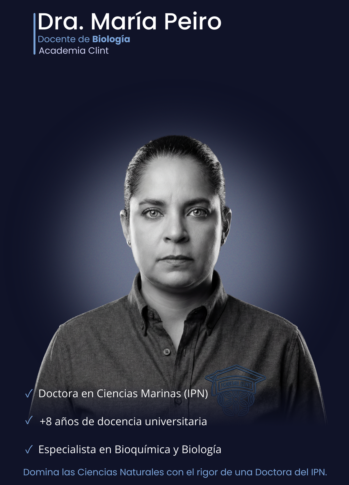 Doctora María Teresa Peiro Alcantar, especialista en Ciencias Naturales en Academia Clint. Doctora por el IPN y docente universitaria experta en blindar el puntaje de biología y química mediante rigor científico para el examen UNAM.
